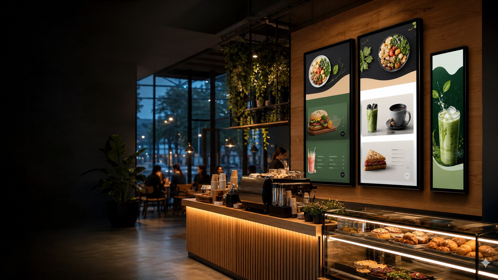 Kafe içerisinde profesyonel dijital menü ekranları ve LED bilgilendirme ekranı